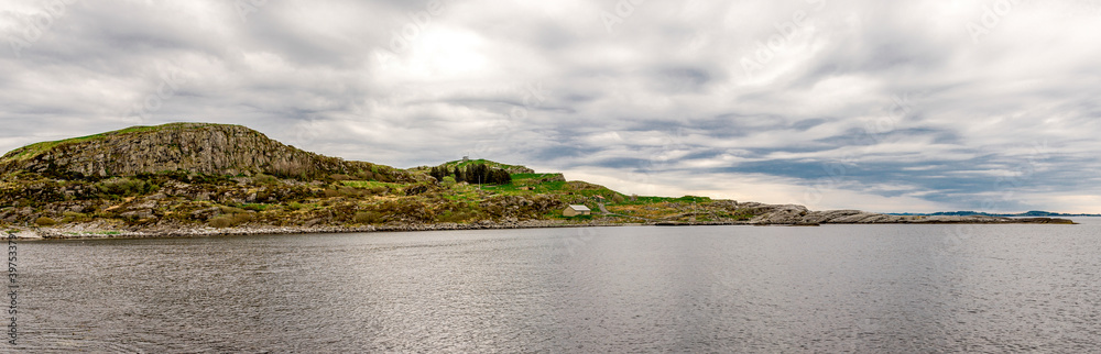 A panoramic view to Fjoloy island coastline from the lighthouse point, Rennesoy kommune, Stavanger, Norway, May 2018