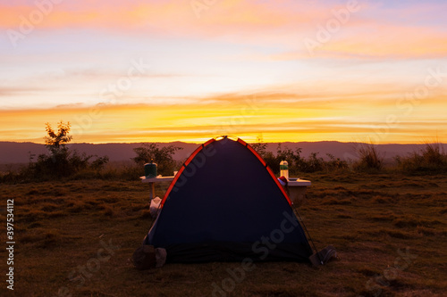 Camping tent sunset time