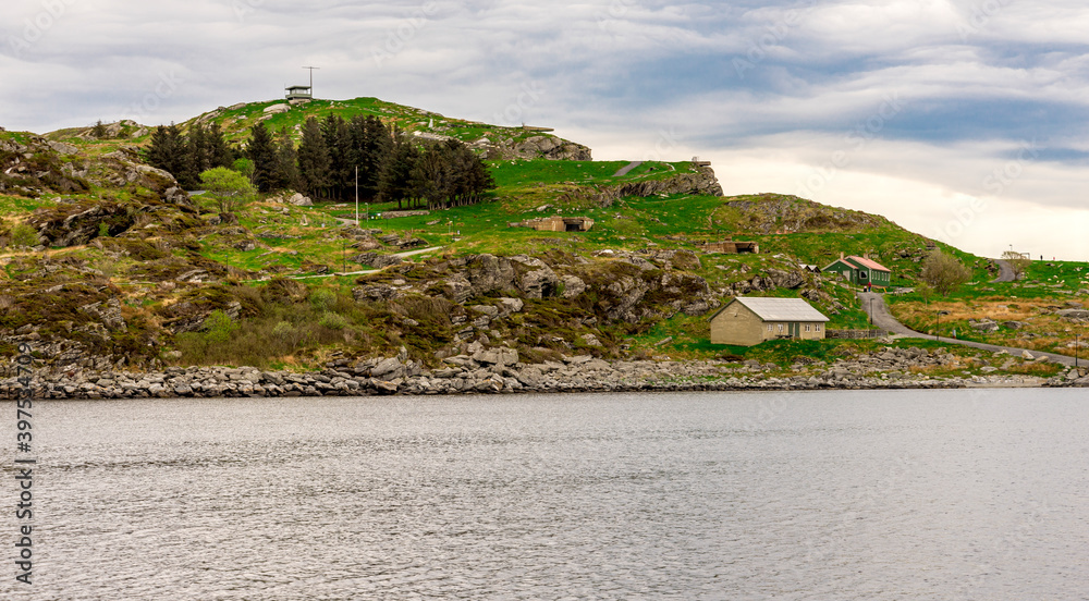 A view to historical Fjoloy fort scenery and watch sentry point on top of the hill, Rennesoy kommune, Stavanger, Norway, May 2018