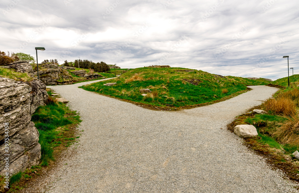 Footpaths crossroad at historical Fjoloy fort site, Rennesoy kommune, Stavanger, Norway, May 2018