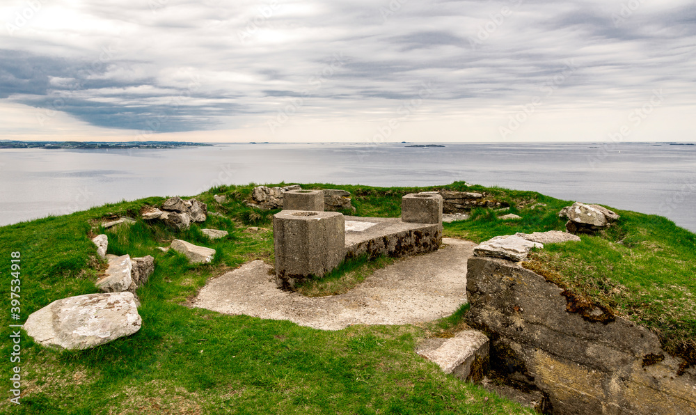 Remains of one of the fortifications or cannon set at historical Fjoloy fort, Rennesoy kommune, Stavanger, Norway, May 2018