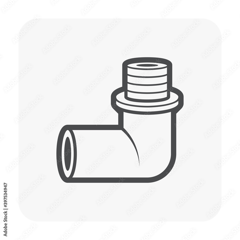 PVC plastic pipe fitting vector icon. 90 degree elbow adapter with slip