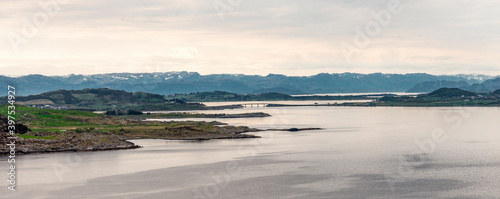 Obraz na płótnie A panoramic view of islands, bridge and mountain range from Fjoloy fortress, Rennesoy commune, Stavanger, Norway, May 2018 w salonie