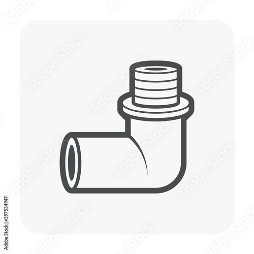 PVC plastic pipe fitting vector icon. 90 degree elbow adapter with slip socket opening 1 end and male NPT thread. Part for pipeline system, plumbing, sewage, drainage, waste, vent and water supply.