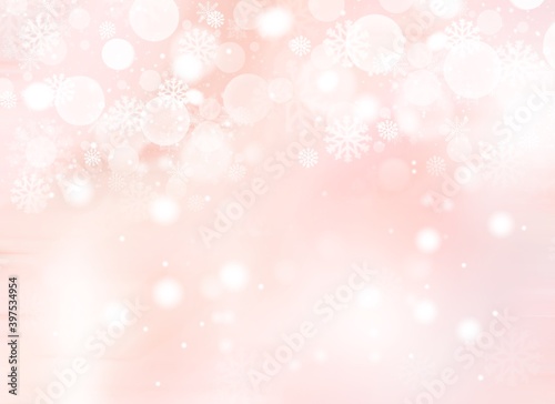 Pink pastel abstract background. white light and snowflakes bokeh winter for Christmas new year blurred beautiful shiny lights use for card banner wallpaper backdrop and your product.