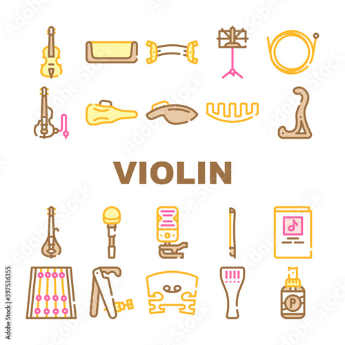 Violin String Musical Instrument Icons Set Vector