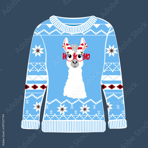 Christmas party ugly sweater with llama vector illustration