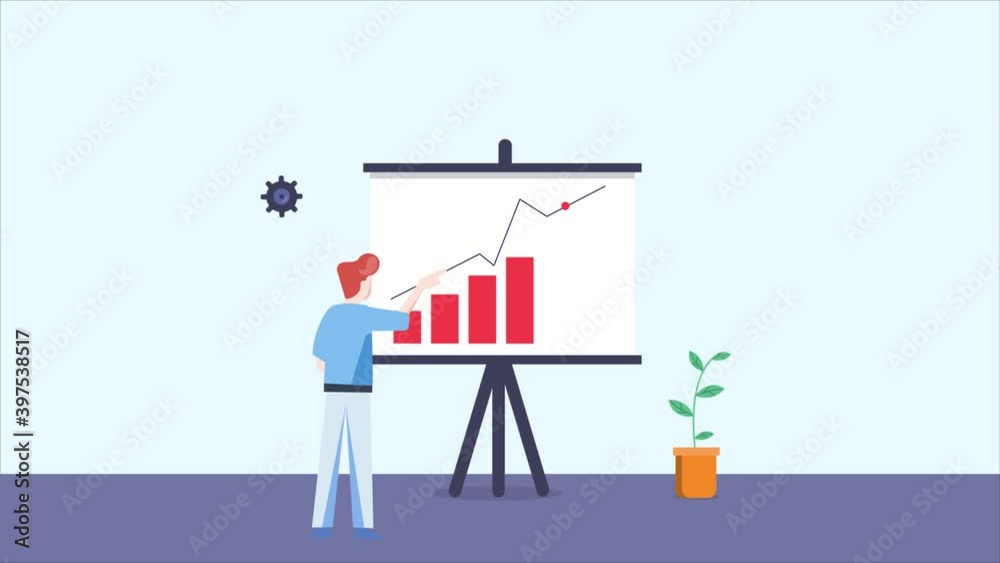 Business analysis report, Businessman analyzing company growth, revenue, financial and marketing data. 2d character animation concept.