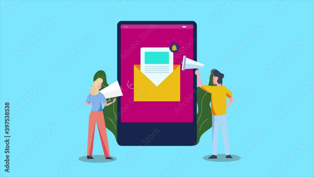 Online sales and digital marketing, company people on social media promotion and email marketing campaign. Affiliate marketing concept. 2d animation. Online sales and digital marketing, company people on social media promotion and email marketing campaign. Affiliate marketing concept. 2d animation.