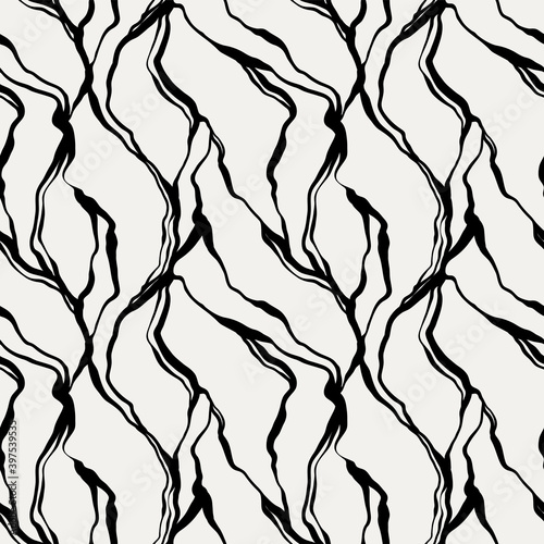 Seamless hand drawn ink pattern. Creative endless background with blots. Abstract striped texture with bold monochrome lines