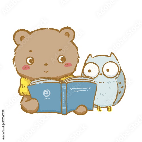 The brown bear and the little snowy owl read a book together. Digital art illustration for children and pets advertising.