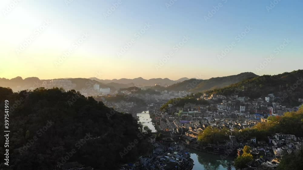aerial view flying a drone of Fenghuang ancient town. Fenghuang old town Phoenix ancient town or Fenghuang County is a county of Hunan Province, China. aerial view flying a drone of Fenghuang ancient town. Fenghuang old town Phoenix ancient town or Fenghuang County is a county of Hunan Province, China.
