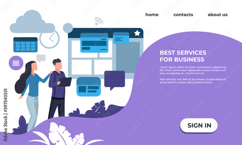 Online marketing landing page. Web services for business. Website interface with text and button. Optimization and management work processes with modern technologies. Vector internet platform template