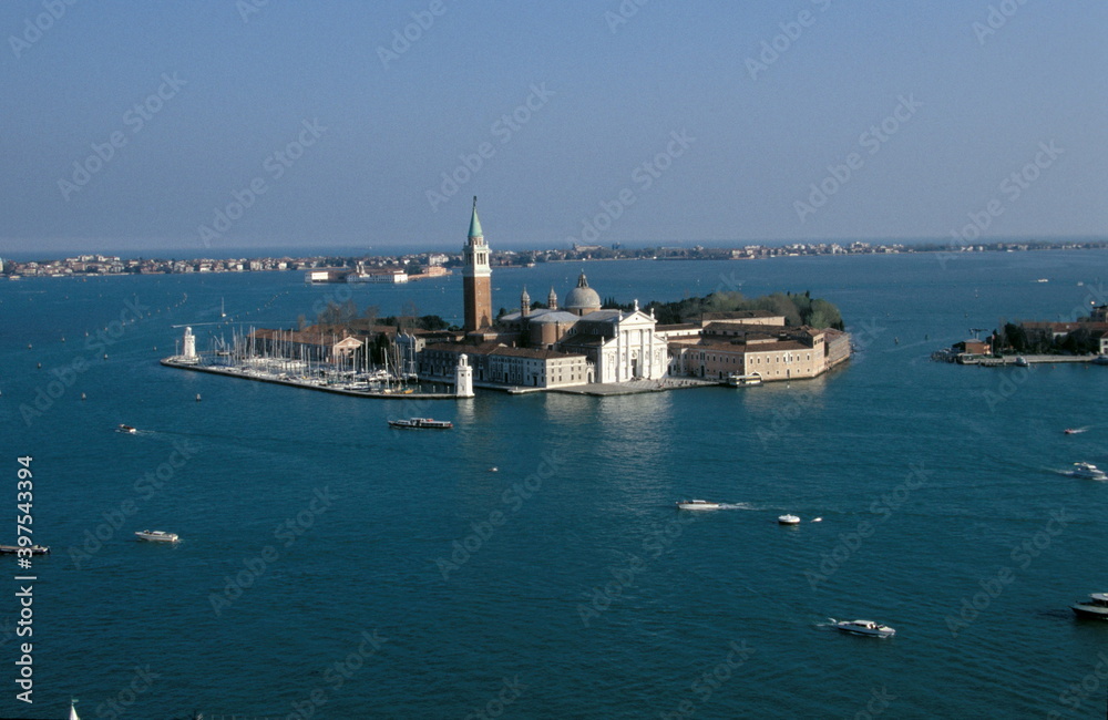 Aerial view of Venice cityscape and San Giorgio Maggiore island seen from St Mark's Campanile at St. Mark's Square in Venice, Italy, 