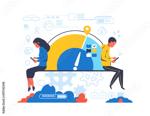 People working overtime. Cartoon worker with electronic devices. Isolated busy man and woman. Clock face and halftone symbols. Deadline and stay late in office. Vector employees in stress concept