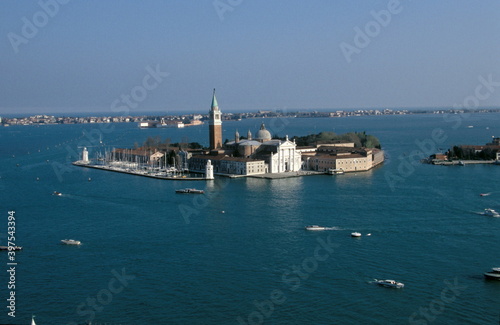 Aerial view of Venice cityscape and San Giorgio Maggiore island seen from St Mark's Campanile at St. Mark's Square in Venice, Italy,  © CYSUN