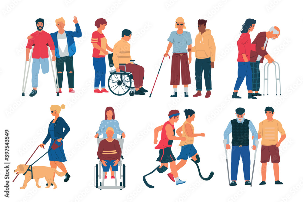 Disabled peoples with friends. Cartoon men and women with physical disorder, limited mobility. Characters in wheelchairs and with canes. Handicapped persons with partners. Social support, vector set