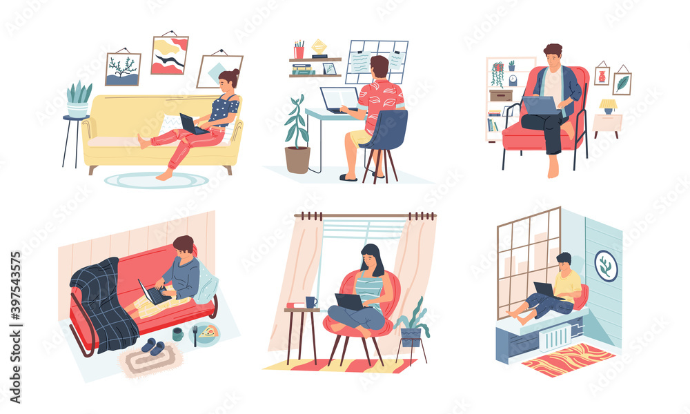 Freelance. Cartoon young people in casual clothes remotely working from home. Quarantine isolation. Men and women sitting with laptops. Cozy room interior with sofa and workplace. Vector workers set Freelance. Cartoon young people in casual clothes remotely working from home. Quarantine isolation. Men and women sitting with laptops. Cozy room interior with sofa and workplace. Vector workers set