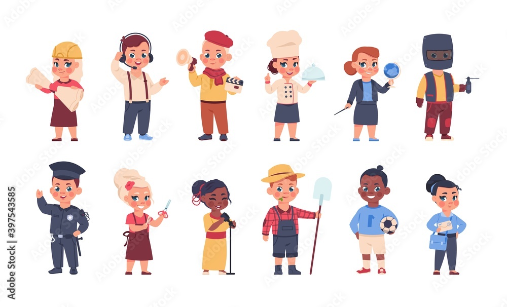 Kids in costumes. Cartoon happy children playing adults in suits of different professions. Isolated cute boys and girls wearing staff uniforms. Funny little workers characters, vector occupation set