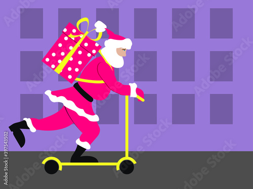 Funny Santa Claus riding on a scooter with a big gift on the city street. Concept - Christmas and new year