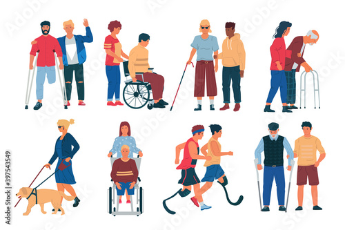 Disabled peoples with friends. Cartoon men and women with physical disorder, limited mobility. Characters in wheelchairs and with canes. Handicapped persons with partners. Social support, vector set