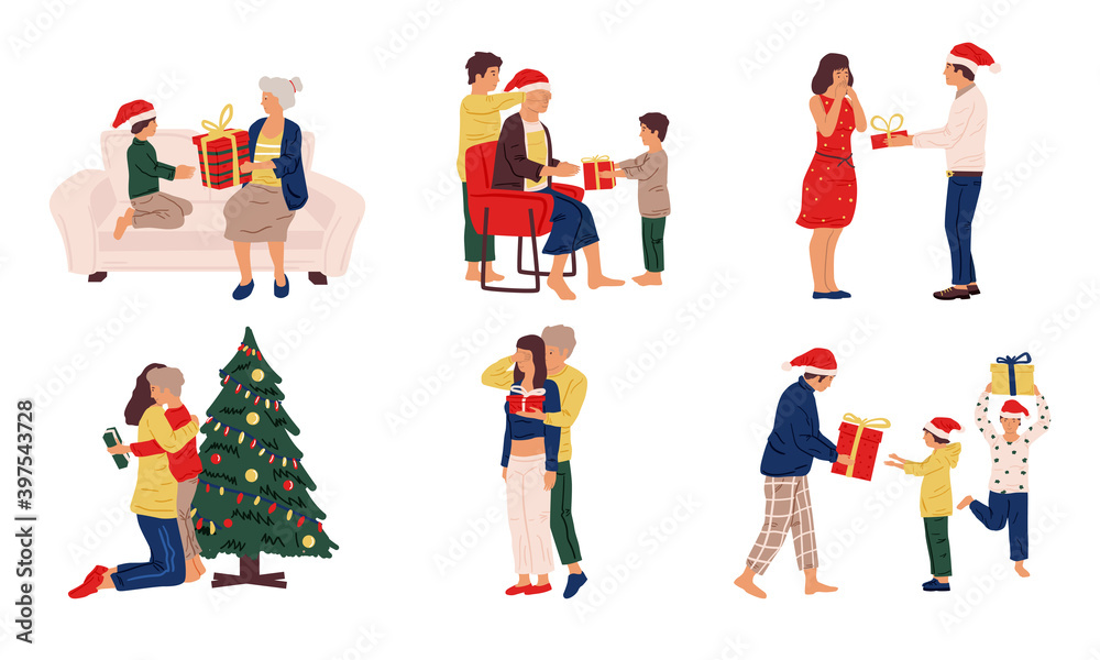 People with Christmas presents. Cartoon family and friends giving and taking Xmas gifts. Traditional winter holidays congratulations. Cheerful children, men and women exchange surprises, vector set