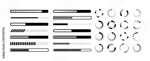 Status bar. Circle and line indicator for upload. Infographics of download process. Black and white reboot and loading charts. Minimalist collection of buffering and data transfer graphs, vector set