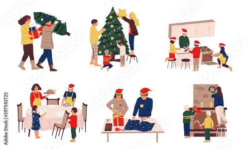 Preparing Christmas. Cartoon people celebrating winter holidays. Decorating with garlands evergreen fir tree and fireplace. Packing Xmas presents. Cooking traditional dinner. Vector New Year party set