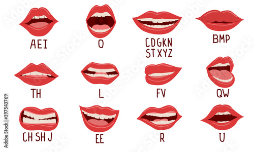 Mouth animation. Alphabet pronunciation, lip position while talking. Woman facial expression, white teeth and tongue. Cartoon parts of face and Latin or English letters. Vector speech therapy set