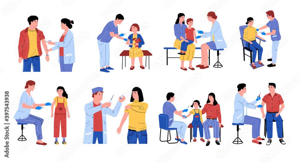 Vaccination. Cartoon doctors make injection of vaccine, dangerous disease precaution for kids and adults. Medical workers with syringes. Isolated men, women and children in consulting room, vector set