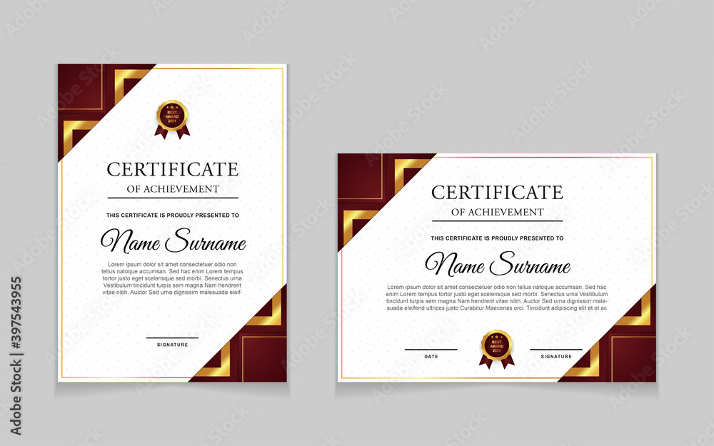 Set of certificate of achievement border design template with element luxury gold badge and modern line pattern. vector graphic print layout can use For award, appreciation, business, and education Set of certificate of achievement border design template with element luxury gold badge and modern line pattern. vector graphic print layout can use For award, appreciation, business, and education