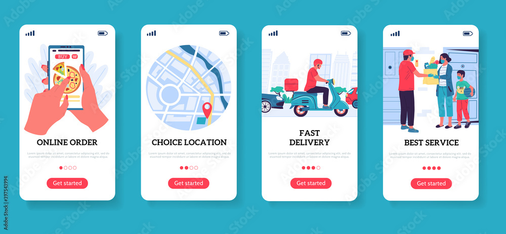 Food delivery. Restaurant and supermarket order. Smartphone screen templates. Mobile app, express menu with steps to receive purchase, courier delivering meal and products. Vector online service set Food delivery. Restaurant and supermarket order. Smartphone screen templates. Mobile app, express menu with steps to receive purchase, courier delivering meal and products. Vector online service set
