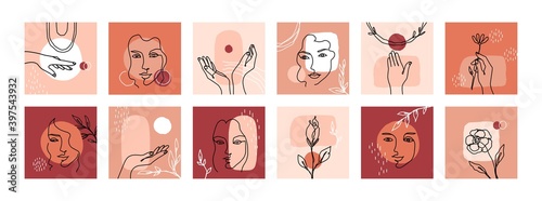 Abstract line face. One line woman head, hands and floral elements, contemporary single line posters with minimalist sketch design. Doodle glamour square banner modern elegant hand drawn vector set