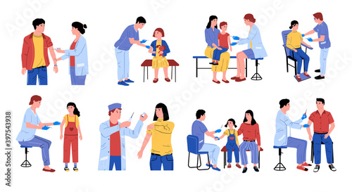 Vaccination. Cartoon doctors make injection of vaccine  dangerous disease precaution for kids and adults. Medical workers with syringes. Isolated men  women and children in consulting room  vector set