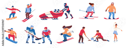 Winter sport. Cartoon people cold season activities. Isolated cute men and women skiing and snowboarding, bobsled and figure skating. Teams playing curling and hockey. Vector games flat set