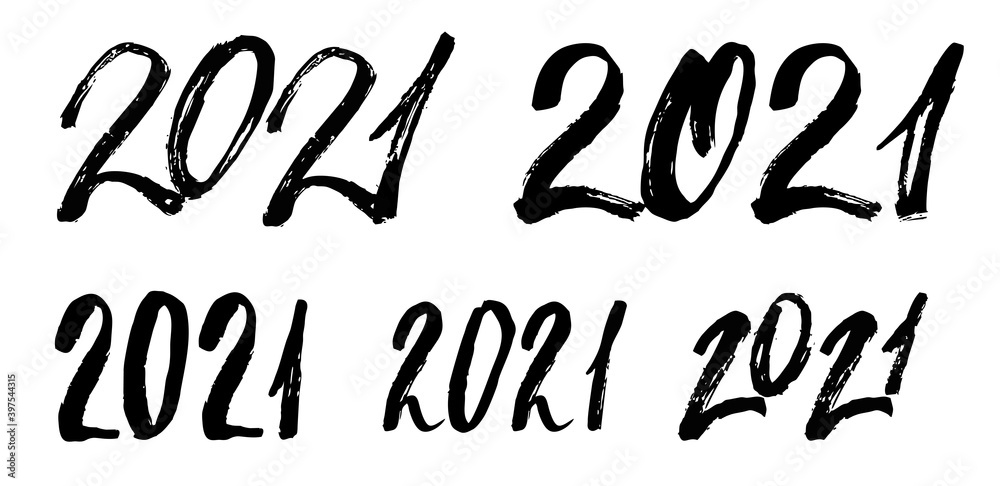2021 text logo set. Hands sketched the numbers of the new year. 2021 lettering set. Set of new year 2021 lettering. Vector template for t-shirts, invitations, cards, prints, labels.