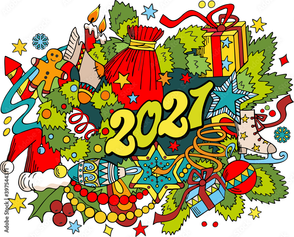 New Year 2021. Greeting card. Merry Christmas and a happy new year Vector illustration with with Christmas and New Year elements. Colored doodle style.