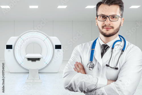 Doctor on the background of the MRI machine, medical concept. Modern technologies, the future of medicine, scientific research.