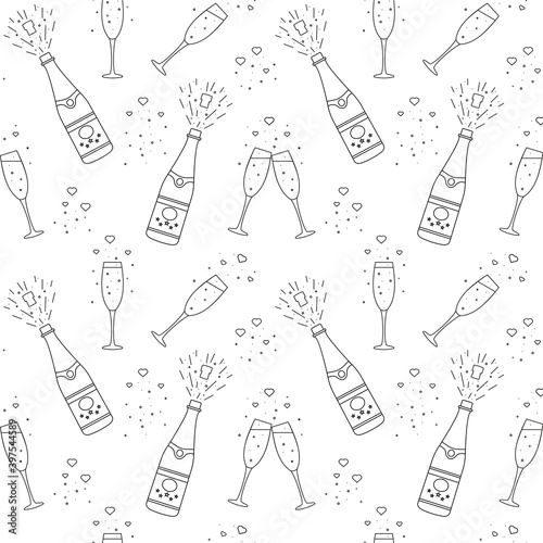 Glass and bottle of champagne icon. Line drawing. Seamless pattern. Vector illustration