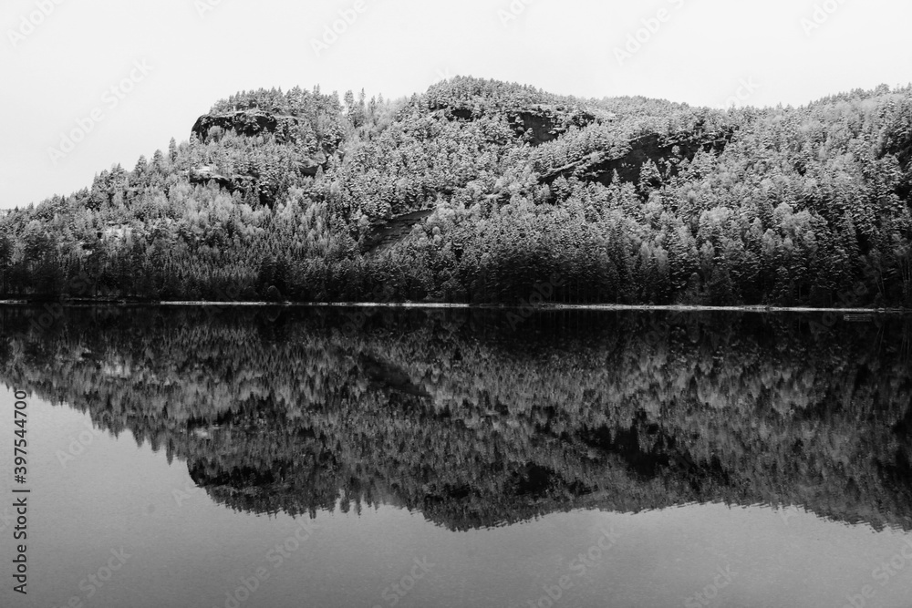 Fototapeta premium norwegian landscape, with a great body of water, lake or river
