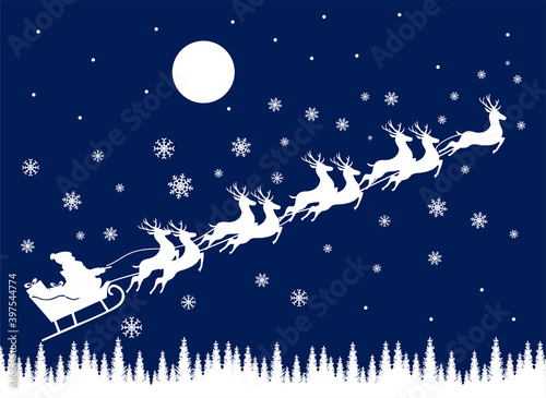 Santa Claus to send gifts. Merry Christmas and Happy new year card. Happy winter. Christmas background with a sleigh of Santa Claus in a team of nine reindeer. Illustration vector.