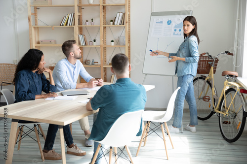 Successful young businesswoman talk present business project on whiteboard for diverse workers or clients in office. Female speaker or coach make flip chart presentation for businesspeople at meeting.