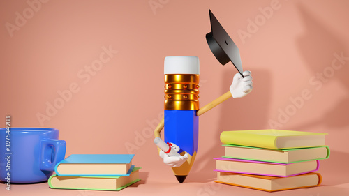 Εκτύπωση καμβά 3D Rendering of pencil wearing graduation cap and colorful books on pink background