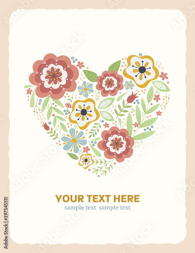 Poster design template with floral heart illustration, For Valentine's Day, Mother's Day, wedding invitation, etc.