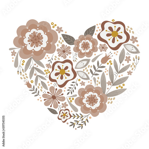 Floral heart with hand drawn flowers and leaves. Heart shape with natural, neutral color flowers. Flat style vector illustration.