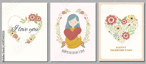Set of Valentine's Day cards. Cute young girl holding a big heart, floral heart frames. Can be also used for posters, banners, covers, web ads, etc.