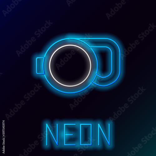 Glowing neon line Retractable cord leash with carabiner icon isolated on black background. Pet dog lead. Animal accessory for outdoors walk. Colorful outline concept. Vector.