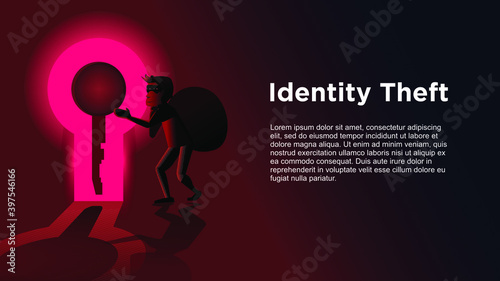 identity theft. business metaphor. thief stealing key personal information vector illustration