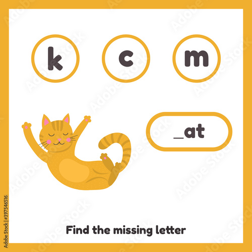 Find the missing letter. Worksheet for kids kindergarten, preschool and school age. ute orange cat.