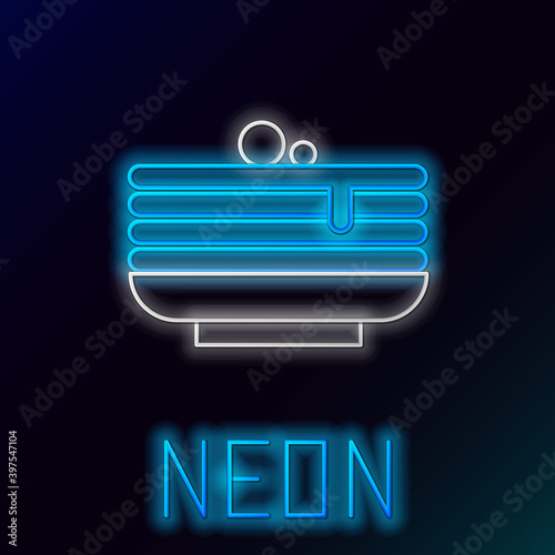 Glowing neon line Stack of pancakes icon isolated on black background. Baking with syrup and cherry. Breakfast concept. Colorful outline concept. Vector.